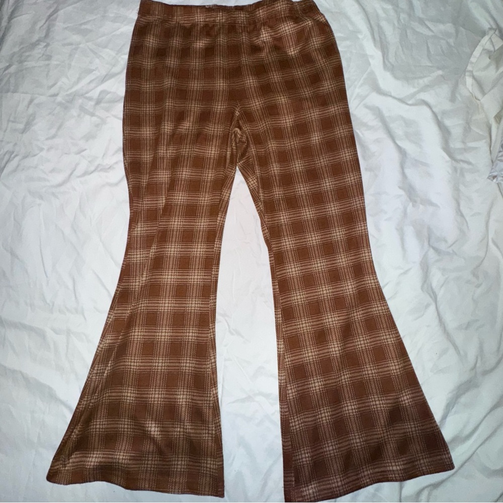 Brown Plaid Flare Stretch Pants